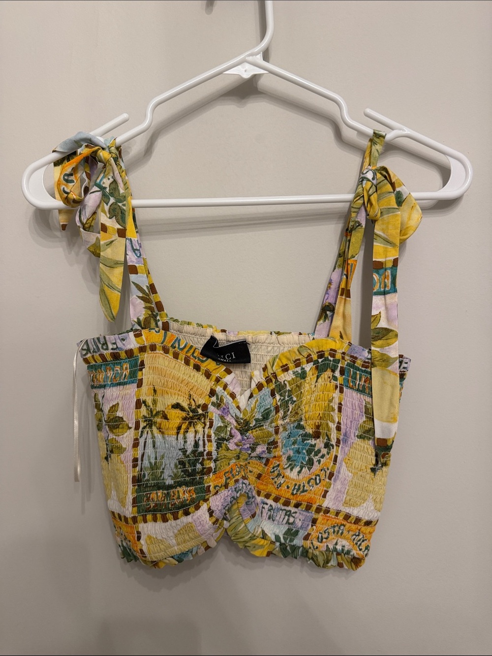 Vici Yellow Multi Floral Smocked Tie-Shoulder Crop Top